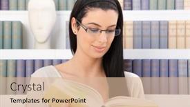  Presentation with book glasses - Amazing slides having smiling woman wearing glasses reading book in front of book shelf backdrop and a lemonade colored foreground
