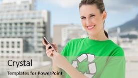 Presentation with recycling - Slide set featuring smiling woman wearing green recycling tshirt text messaging outside on a sunny day background and a soft green colored foreground