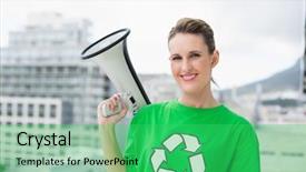  Presentation with recycling - Colorful presentation design enhanced with smiling woman wearing recycling tshirt holding megaphone outside on a bright day backdrop and a seafoam green colored foreground