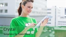  Presentation with recycling - Presentation theme featuring smiling woman wearing recycling tshirt using tablet outside background and a shamrock green colored foreground