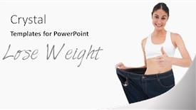  Presentation with weight - Colorful slides enhanced with smiling woman who lost a lot of weight the thumbup against white background backdrop and a white colored foreground