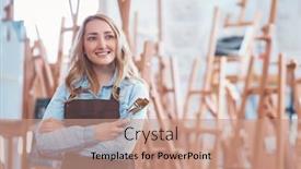  Presentation with brush - Theme with smiling woman with a brush in the store background and a coral colored foreground