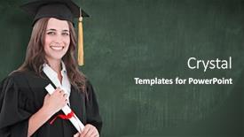  Presentation with green chalkboard - Slide set featuring smiling woman with a degree in hand as she looks at the camera against green chalkboard background and a dark gray colored foreground