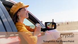  Presentation with camera - Audience pleasing theme consisting of smiling-woman-with-a-retro backdrop and a coral colored foreground