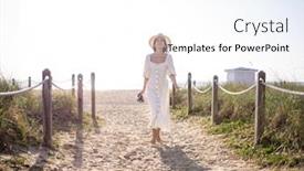  Presentation with miami beach - PPT theme having smiling-woman-with-a-retro background and a white colored foreground