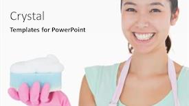  Presentation with foam - Presentation theme having smiling woman with a sponge full of foam background and a white colored foreground