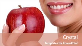  Presentation with apple - Colorful PPT layouts enhanced with smiling woman with apple isolated backdrop and a coral colored foreground