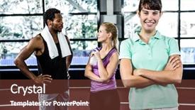  Presentation with crossfit - Cool new PPT theme with smiling woman with arms crossed while her friends chatting in crossfit backdrop and a tawny brown colored foreground