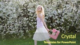  Presentation with spring tree - PPT theme consisting of smiling woman with branch of blooming tree at spring park background and a tawny brown colored foreground