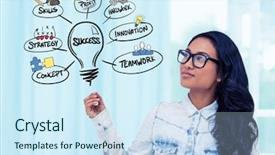  Presentation with skills - Presentation theme featuring smiling woman with business background and a  colored foreground