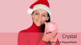  Presentation with piggy bank - Amazing slide deck having smiling woman with christmas hat backdrop and a coral colored foreground