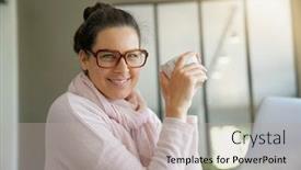  Presentation with hot tea - Slide set having smiling-woman-with-dark-hair background and a light gray colored foreground