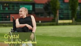  Presentation with marathon - Presentation theme having smiling-woman-with-disablitiy-sitting background and a tawny brown colored foreground