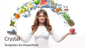  Presentation with fruit splash - Beautiful slide set featuring smiling woman with fruits backdrop and a white colored foreground