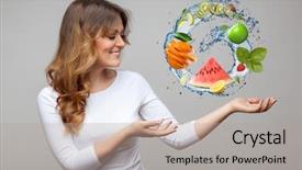  Presentation with splash fruits - Slide set having smiling woman with fruits background and a light gray colored foreground