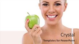  Presentation with green apple - PPT theme having smiling woman with healthy teeth background and a coral colored foreground