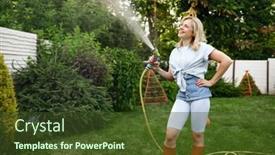  Presentation with trees - Audience pleasing theme consisting of smiling-woman-with-hose-watering backdrop and a tawny brown colored foreground