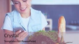  Presentation with mobile phone in woman hand - Amazing slide set having smiling woman with mobile phone backdrop and a coral colored foreground