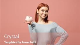  Presentation with rock band hands - PPT theme consisting of smiling-woman-with-piggy-bank background and a coral colored foreground