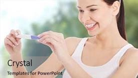  Presentation with pregnancy - Slide set having smiling woman with pregnancy test background and a lemonade colored foreground