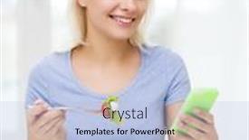  Presentation with salad - PPT theme enhanced with smiling-woman-with-smartphone-eating background and a  colored foreground
