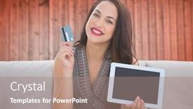  Presentation with fir tree - Theme featuring smiling woman with tablet against blurred fir tree branches on wood background and a coral colored foreground