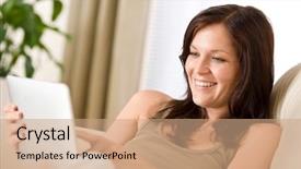  Presentation with touch screen - Beautiful PPT theme featuring smiling woman with touch screen tablet computer on sofa backdrop and a coral colored foreground