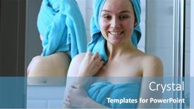  Presentation with skincare - PPT theme enhanced with smiling-woman-with-towel background and a teal colored foreground