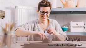 Presentation with ceramic ware - Presentation theme with smiling-woman-working-with-clay background and a coral colored foreground