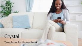  Presentation with text message - Amazing presentation theme having smiling woman writing text message while sitting on sofa backdrop and a soft green colored foreground