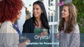  Presentation with women gathering - Slides with smiling women chatting talking with drinks friends interacting at a house party gathering background and a ocean colored foreground