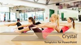  Presentation with crossfit fitness trx training exercises - PPT layouts enhanced with smiling women exercising on mat background and a coral colored foreground