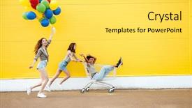  Presentation with shopping trolley - Audience pleasing PPT theme consisting of smiling women friends over yellow backdrop and a light gray colored foreground