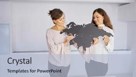  Presentation with world map puzzle - PPT theme featuring smiling women hold eurasia puzzle background and a light blue colored foreground