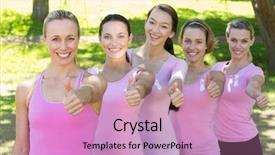 Presentation with breast cancer awareness - Amazing PPT theme having smiling women in pink for breast cancer awareness on a sunny day backdrop and a coral colored foreground