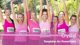  Presentation with breast cancer pills - Audience pleasing presentation theme consisting of smiling women running for breast backdrop and a  colored foreground