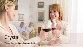  Presentation with dining table - Presentation theme featuring smiling women toasting wineglasses while background and a  colored foreground
