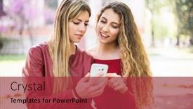  Presentation with cell - Slide deck featuring smiling-women-using-a-cell background and a red colored foreground