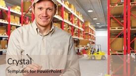  Presentation with mercedes classic - PPT theme having smiling worker in classic warehouse background and a mint green colored foreground