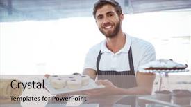  Presentation with bakery - PPT theme with smiling worker posing behind the counter at the bakery background and a light gray colored foreground