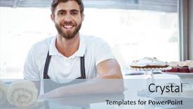  Presentation with bakery - Beautiful slide deck featuring smiling worker posing behind the counter at the bakery backdrop and a light blue colored foreground