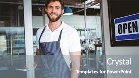  Presentation with bakery baking ingredients - Presentation theme featuring smiling worker putting up open background and a gray colored foreground