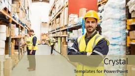  Presentation with worker - Presentation theme consisting of smiling worker wearing yellow vest background and a coral colored foreground