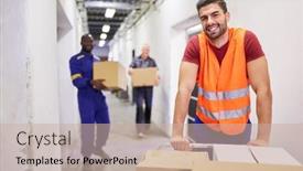  Presentation with worker safety - Slide deck featuring smiling-worker-with-safety-vest background and a soft green colored foreground