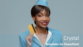  Presentation with credit card - Slide deck enhanced with smiling-young-african-stewardess-holding background and a light blue colored foreground