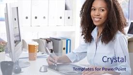  Presentation with afro - PPT theme consisting of smiling young afro-american office worker using drawing table sitting at desk background and a light blue colored foreground