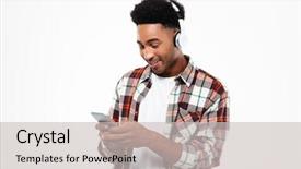  Presentation with american music - Cool new slide deck with smiling young afro american backdrop and a light gray colored foreground