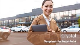  Presentation with asian - Audience pleasing slides consisting of smiling-young-asian-businessowoman-wearing backdrop and a tawny brown colored foreground