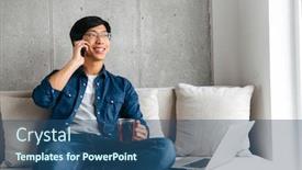  Presentation with mobile home - PPT theme with smiling young asian man sitting on a couch with laptop computer at home talking on mobile phone drinking tea background and a ocean colored foreground