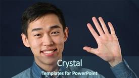  Presentation with hand palm - Audience pleasing PPT theme consisting of smiling young asian man waving backdrop and a ocean colored foreground